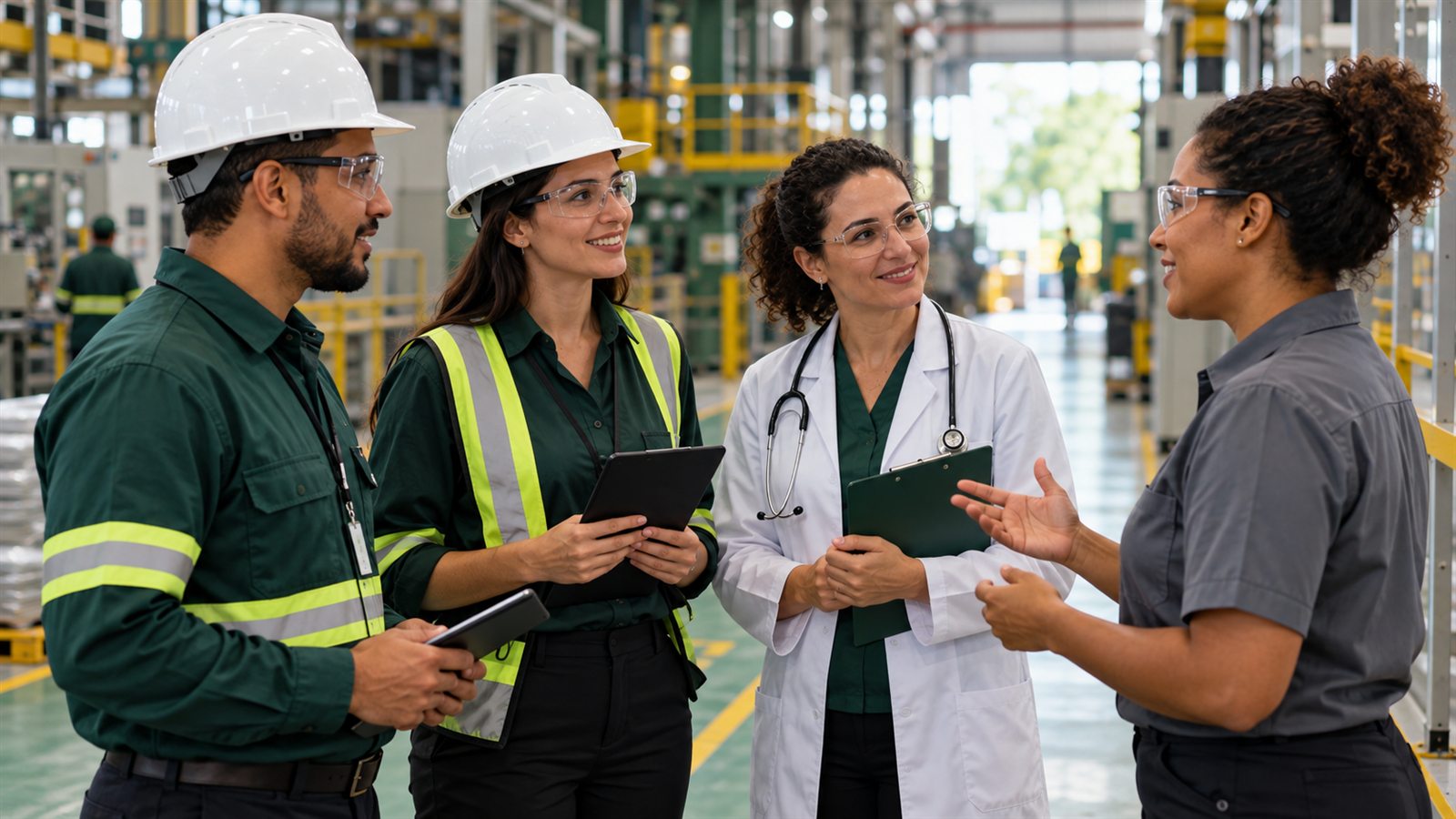 Equipe de saúde ocupacional e segurança conversa com uma gestora de empresa.