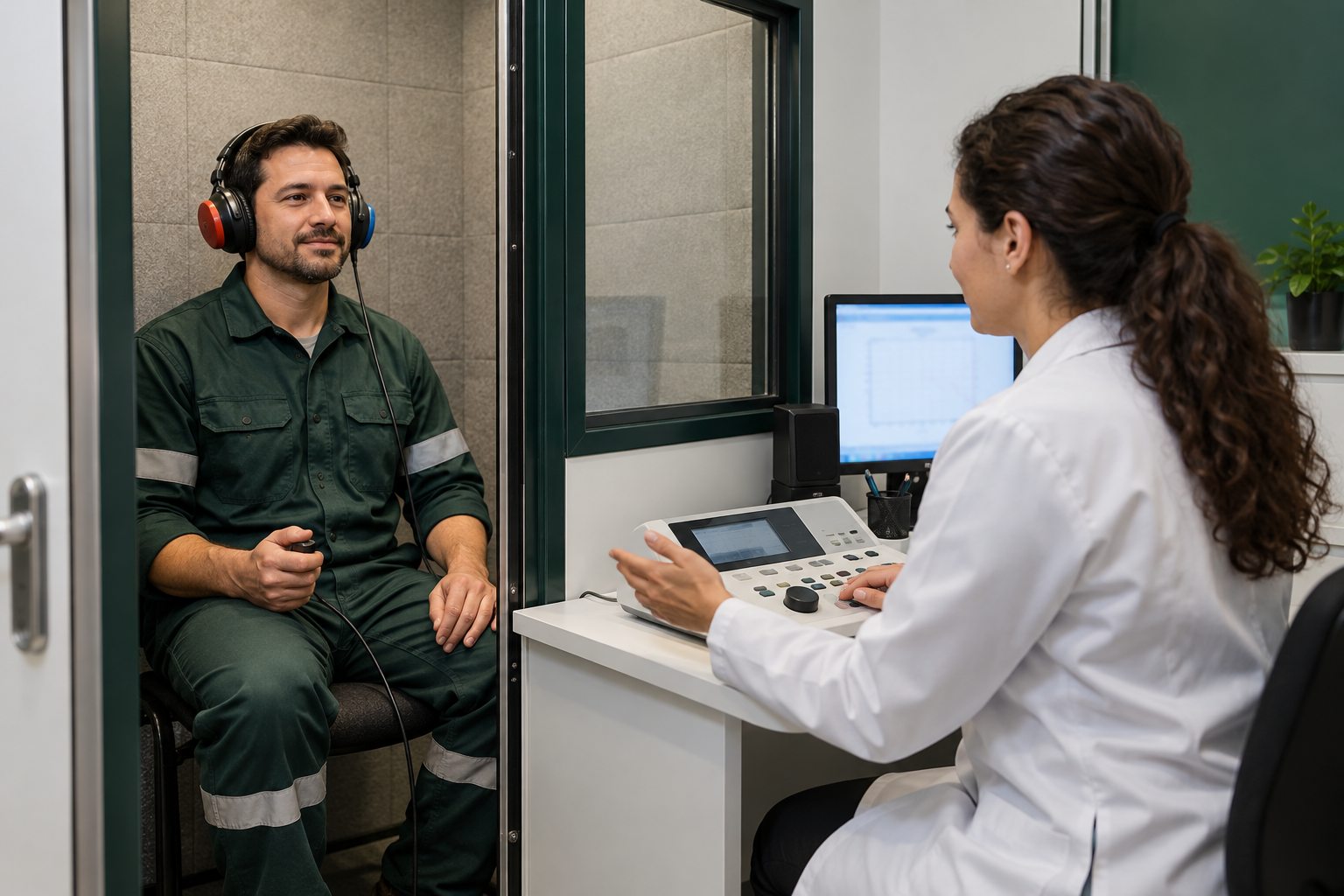 Profissional de saúde realiza exame de audiometria em ambiente clínico.