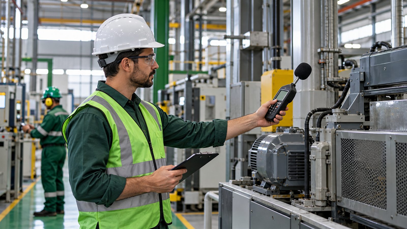 Técnico realiza avaliação de ruído ocupacional com equipamento de medição.