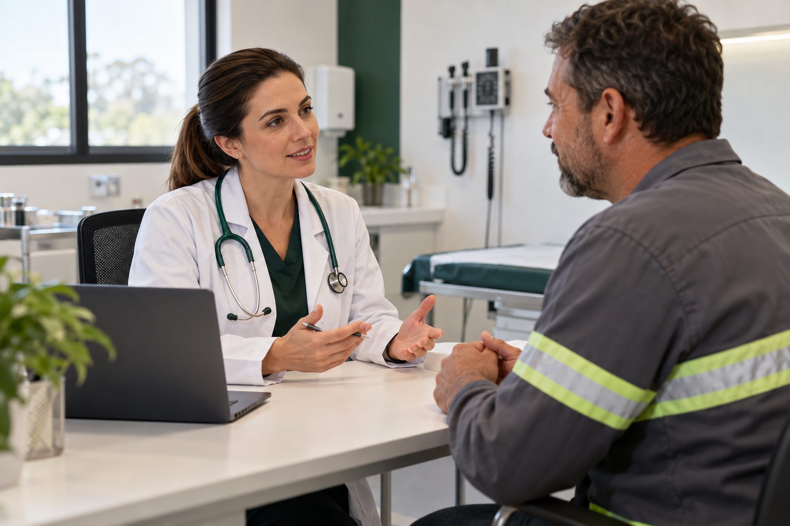 Médica do trabalho conversa com um profissional durante uma consulta ocupacional.