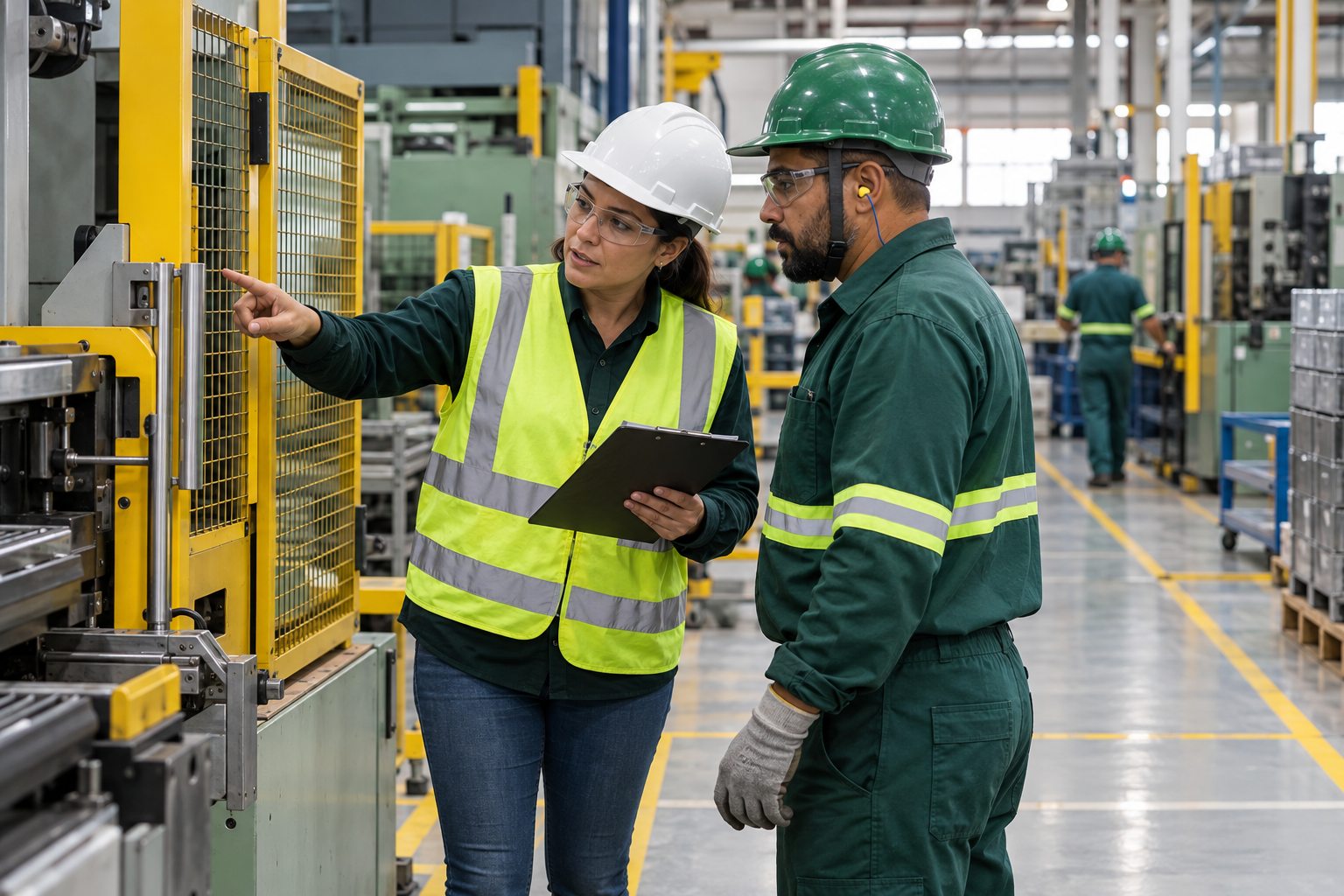 Engenheiro de segurança avalia riscos em uma área industrial.