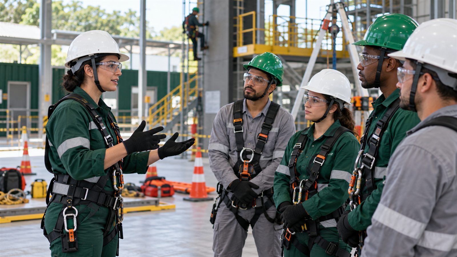 Instrutora orienta trabalhadores durante uma capacitação de segurança.